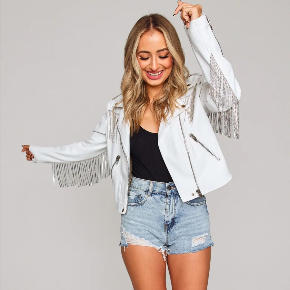 Avara Buddy Love Rife White Vegan Faux Leather Rhinestone Fringe Moto Jacket NWT